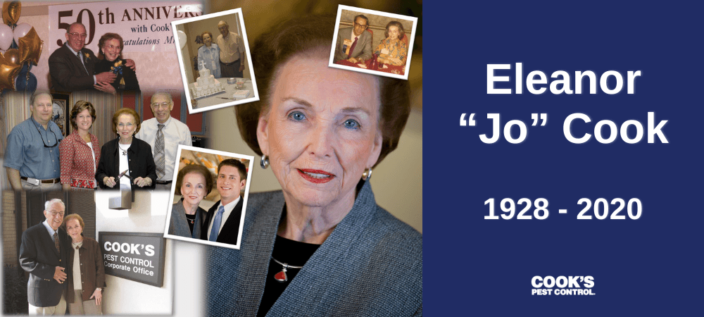 A commemorative collage for Eleanor "Jo" Cook from 1928 - 2020, featuring photos of her at various Cook's Pest Control events and a portrait of her, along with the company's logo.