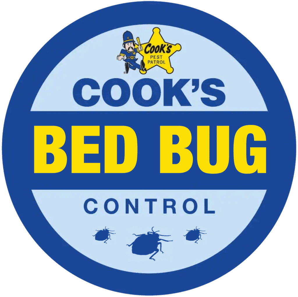 Cook's Bed Bug Control service logo with mascot and insect icons.