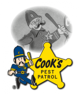 Cook's Pest Control logo with sheriff star badge and cartoon policeman