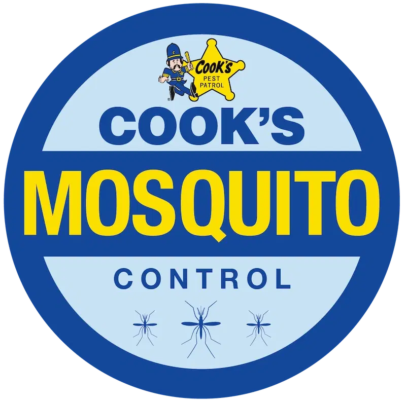 blue circular badge showing business logo and the text Cook's Mosquito Control over 3 stenciled images of mosquitoes