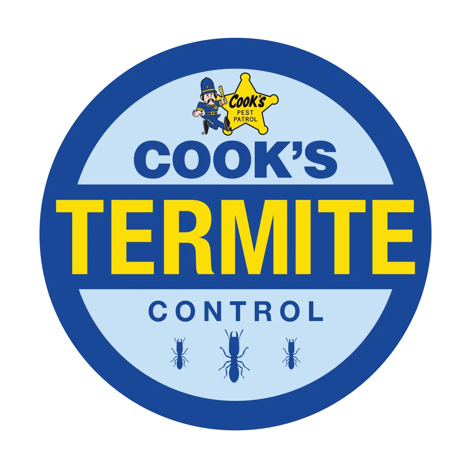 blue circular badge displaying Cook's Termite Control with business logo and 3 stenciled images of termites