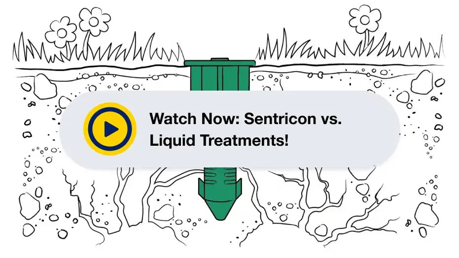 image of a ground-inserted device and the text Watch Now: Sentricon vs. Liquid Treatments!